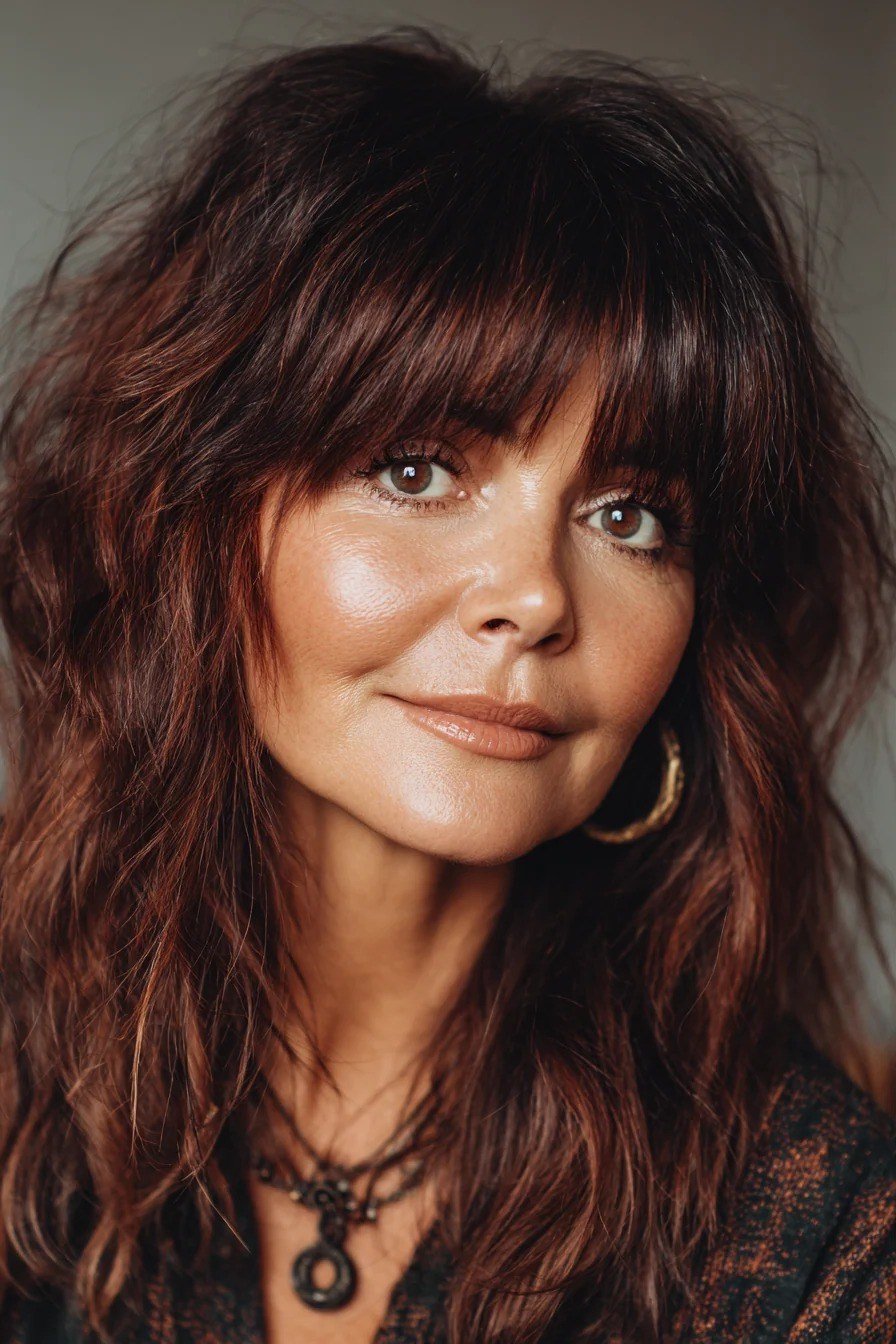 deep burgundy wavy layered medium with bangs for women over 60
