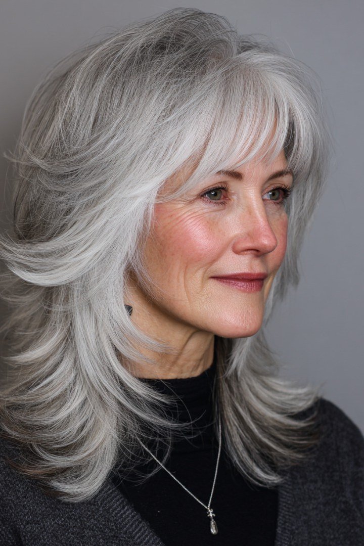 silver shaggy layered bob with wispy bangs for women over 60