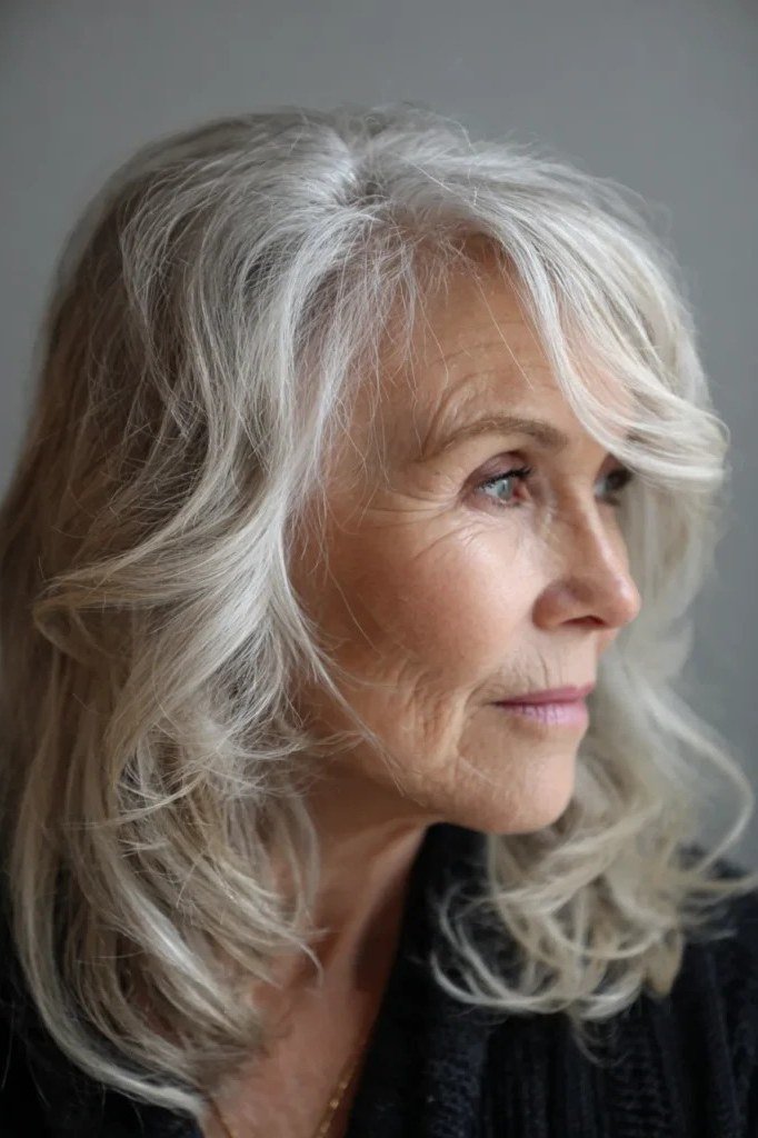 silver tousled wavy layers for women over 60