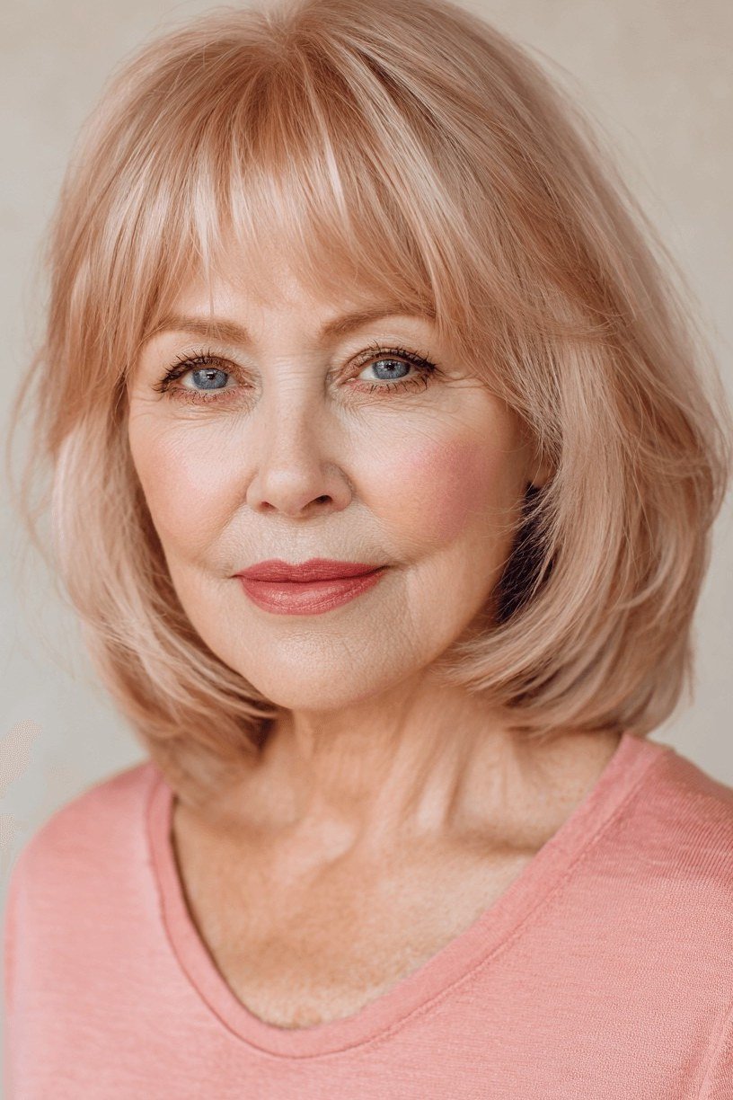 strawberry blonde layered bob with bangs for women over 60