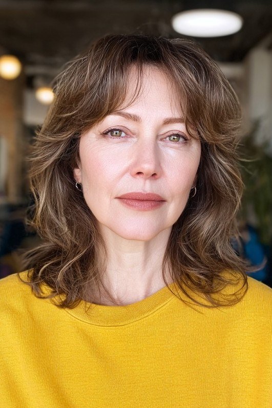 brunette wavy layered lob with bangs for women over 60