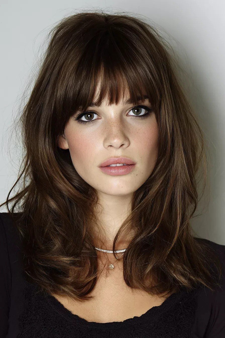 brunette shaggy medium with bangs for women over 60