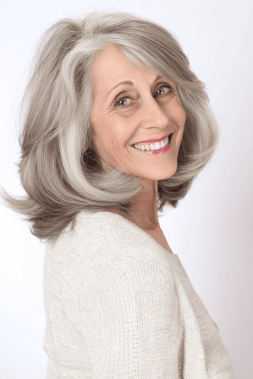 silver layered bob, smiling front view hairstyle for women over 70