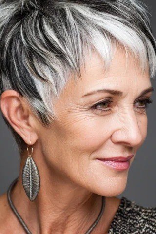 Dark grey pixie with textured bangs, three-quarter view for women over 60