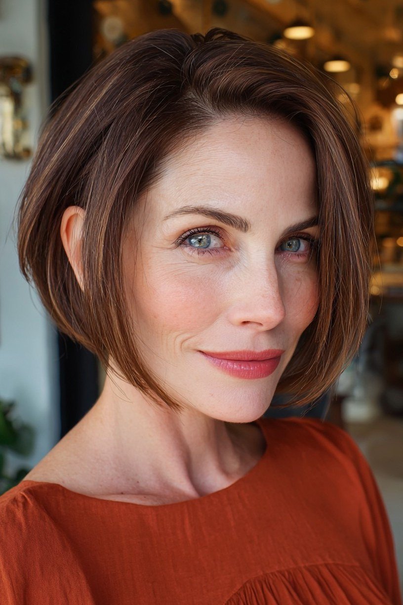 Brown bob, front view, smiling - wispy hairstyle for women over 40