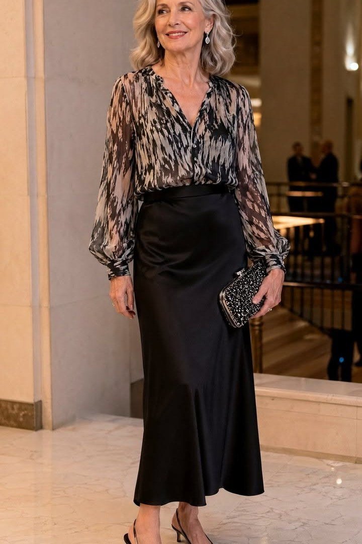 Leopard Blouse with Black Satin Maxi Skirt - evening outfit for women over 60