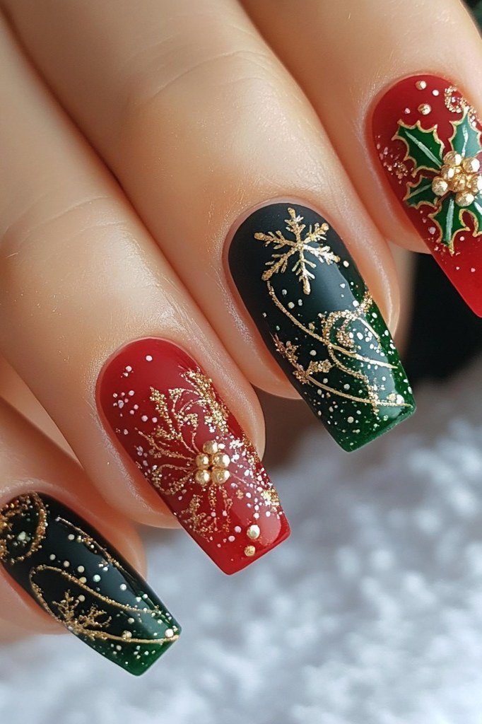 red green and black festive christmas nails with gold holly
