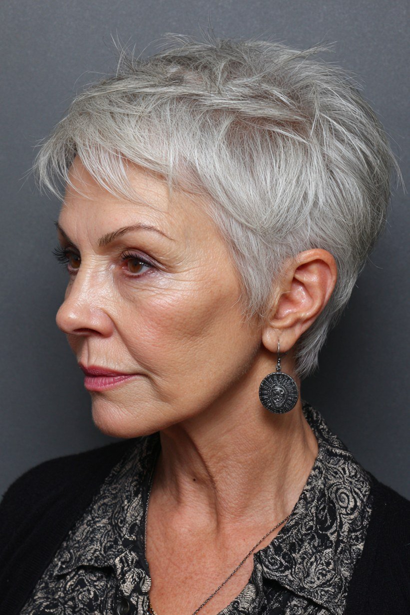 Simple gray pixie haircut for women over 70, side view