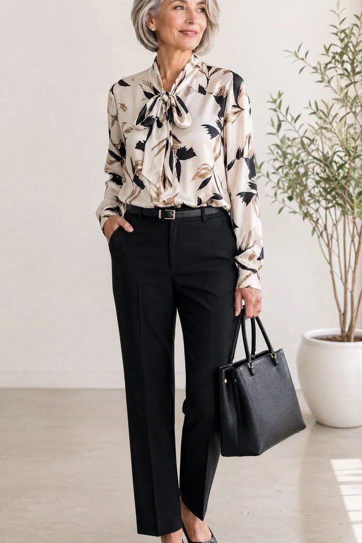 Black and White Brushstroke Print Blouse With Black Trousers, smart casual outfit for women over 50