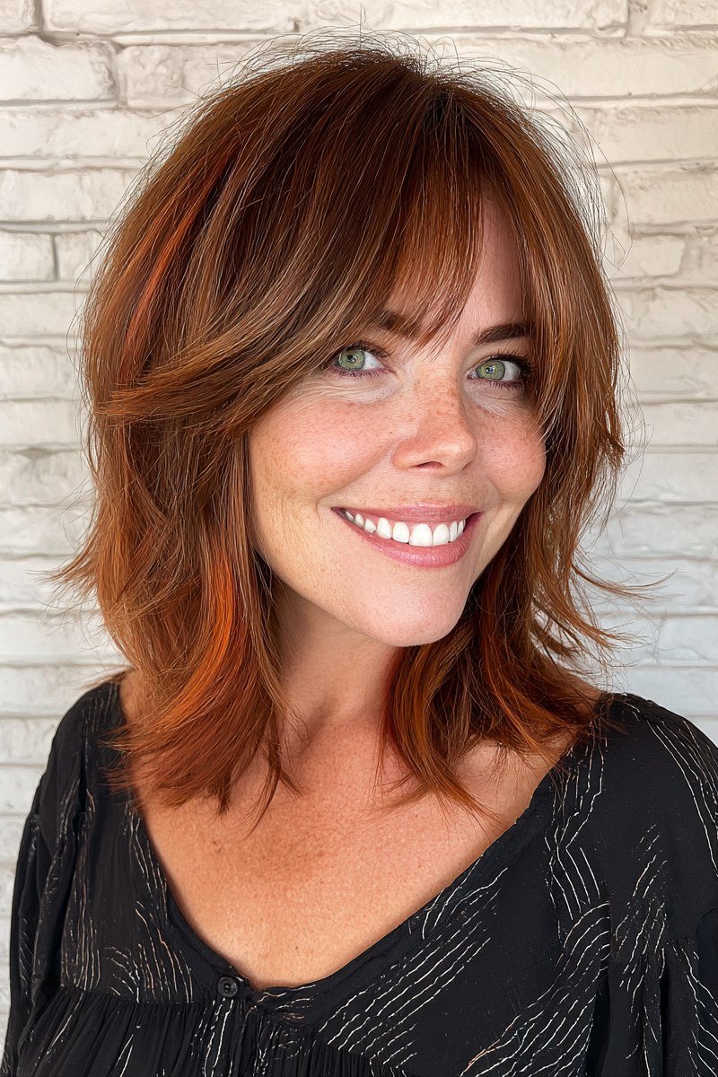 Copper Red Layered Lob with Bangs - medium hairstyle for women over 60