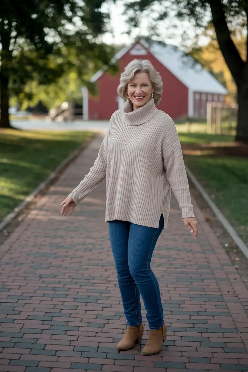 Easy casual outfit idea for women over 50: beige ribbed sweater and blue jeans, older woman everyday style