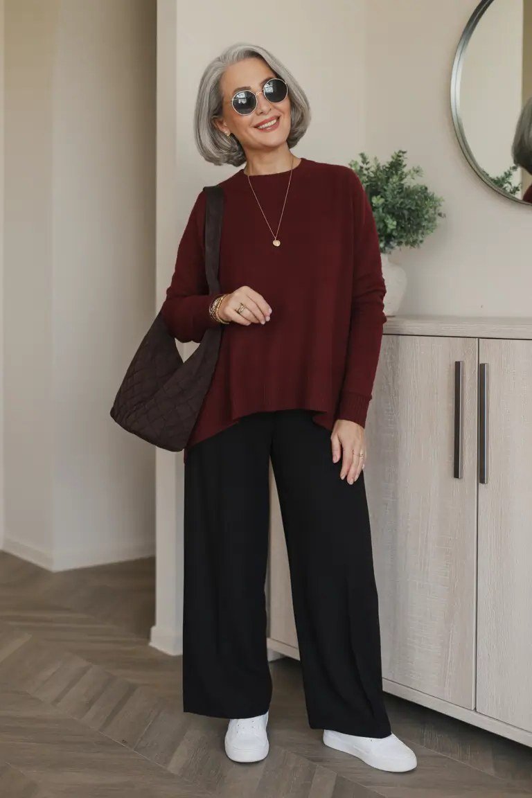 burgundy sweater, black trousers and sneakers fall outfit for women over 60