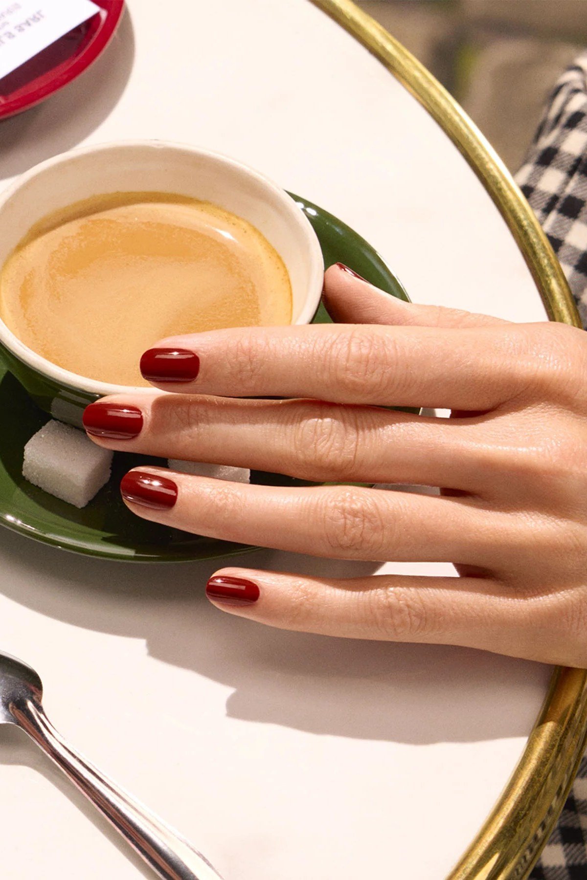 Burgundy Nails with Coffee - elegant nail art idea for mature hands, women over 50