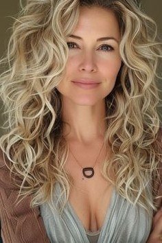 Long blonde curly layered hair for women over 50