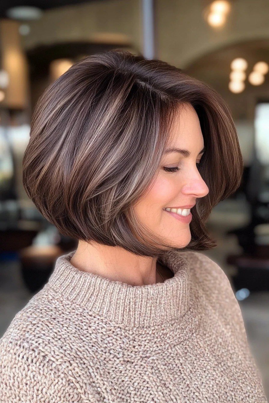 Dark Brown Layered Bob With Highlights for women over 60