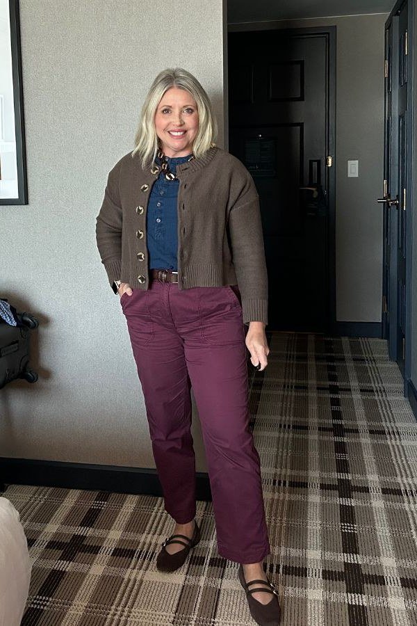Dark Plaid Jacket with Dark Jeans on a woman over 50, fall outfit idea