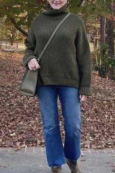 Olive Turtleneck with a Crossbody Bag - fall outfit idea for women over 50