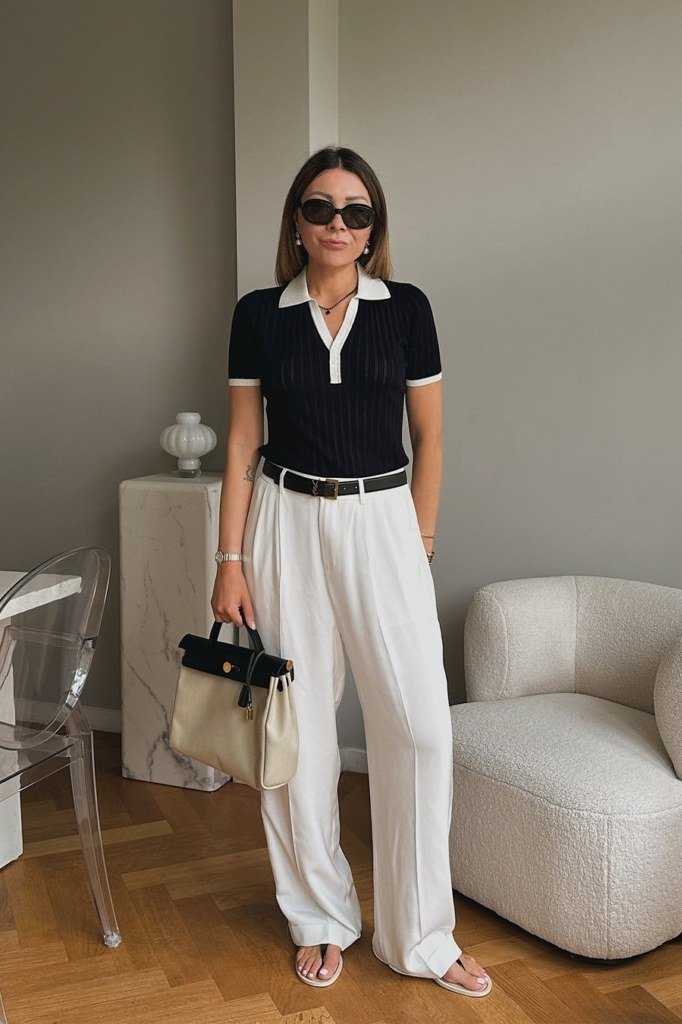 Black Polo Shirt With White Wide-Leg Trousers, smart casual outfit for women over 50