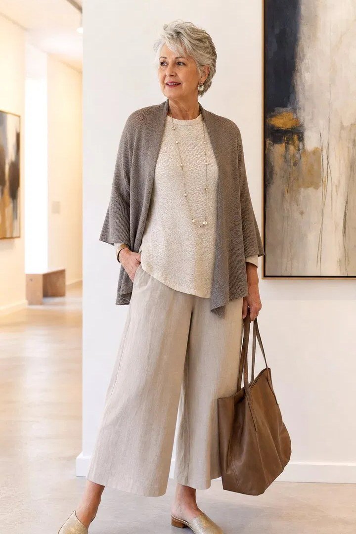 taupe cardigan and cream wide trousers fall outfit for women over 60