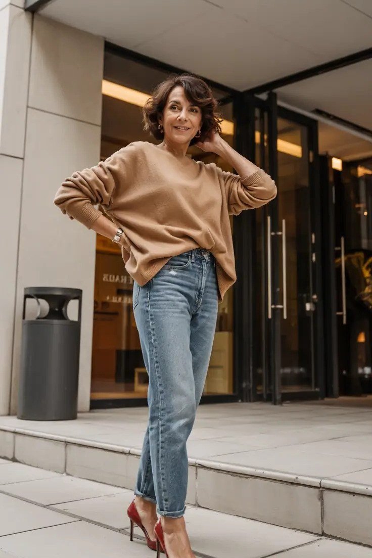 camel sweater medium wash jeans red heels women over 50