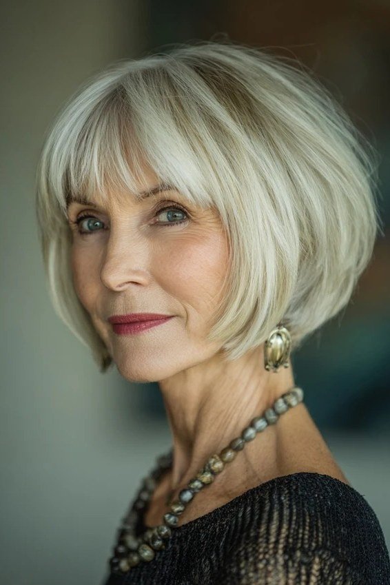 Blonde Bob with Wispy Bangs - sassy hairstyle for older women