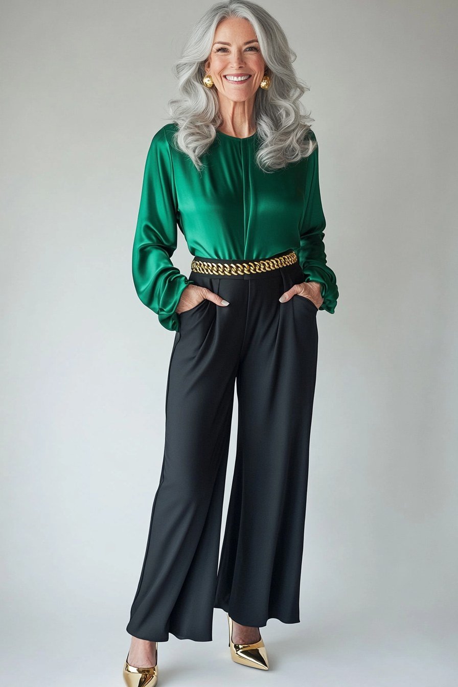 holiday evening outfit for women over 60: emerald satin blouse with black wide leg pants