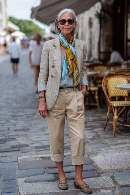 beige blazer with printed scarf and rolled trousers, French inspired outfit for women over 50