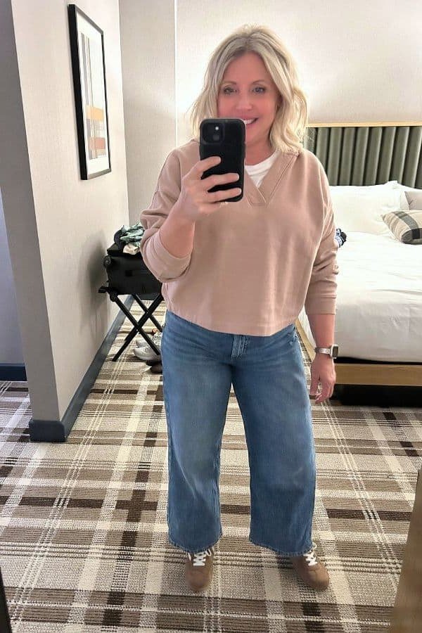 Tan Sweater with Medium-Wash Wide-Leg Jeans on a woman over 50, fall outfit idea