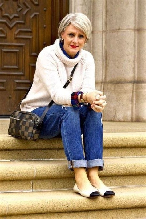 White Sweater and Cuffed Jeans - fall outfit idea for women over 50