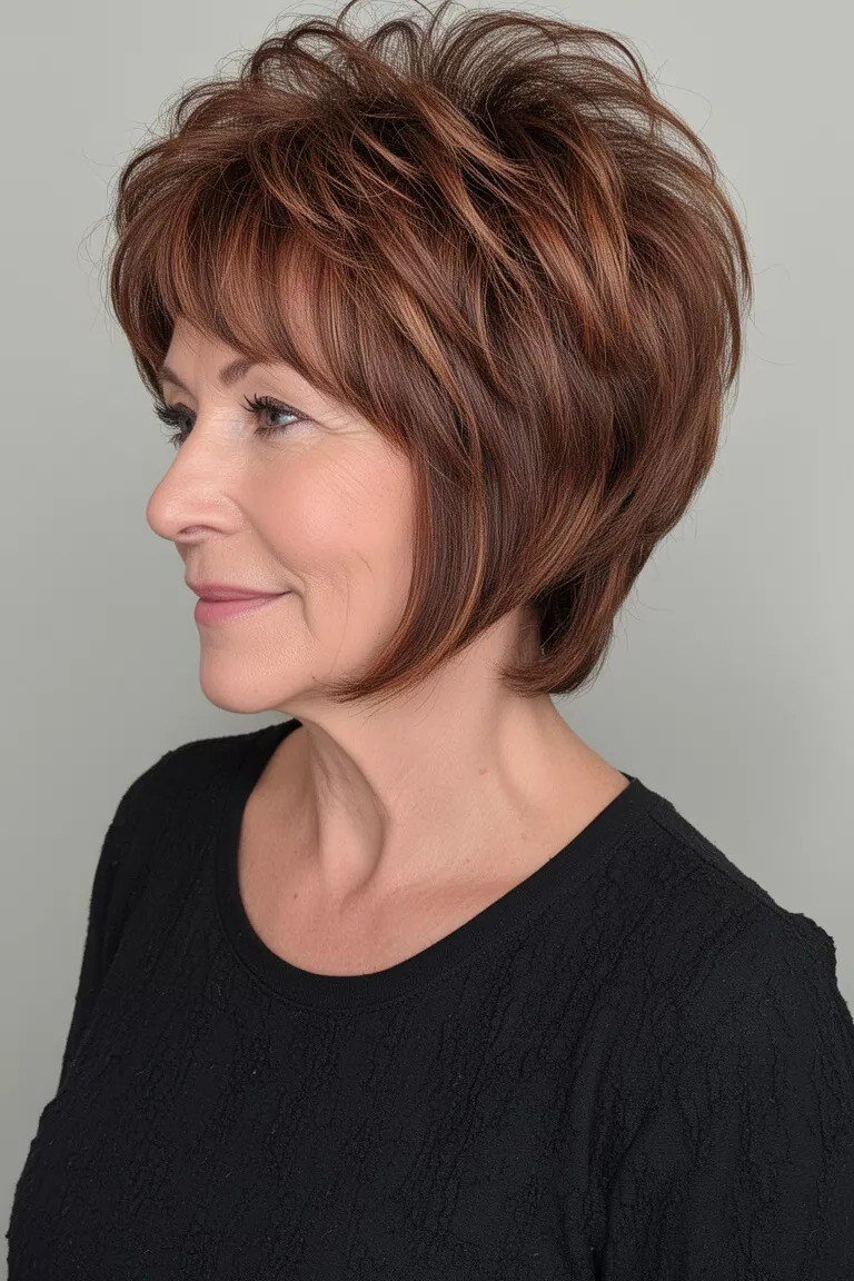 Copper-Brown Wedge With Soft Bangs on a woman over 50 - flattering wedge haircut idea