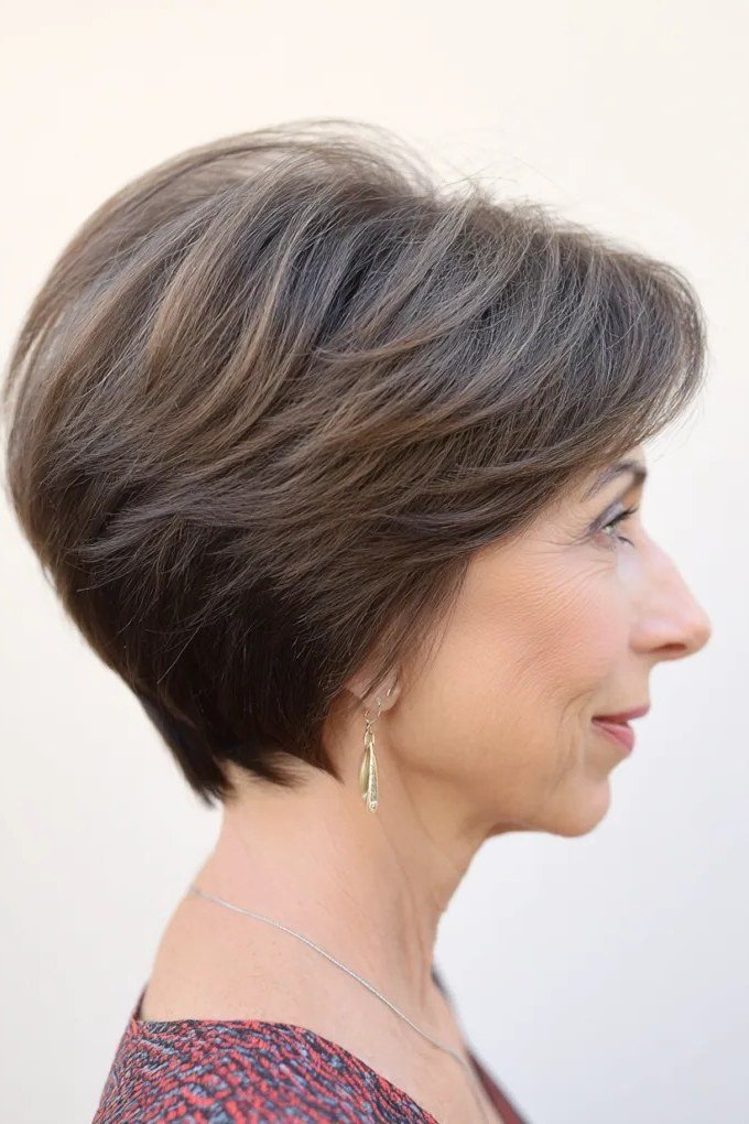 Grey Wedge Bob With Stacked Back on a woman over 50 - flattering wedge haircut idea