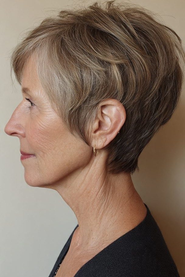 Short Ash-Blonde Wedge on a woman over 50 - flattering wedge haircut idea