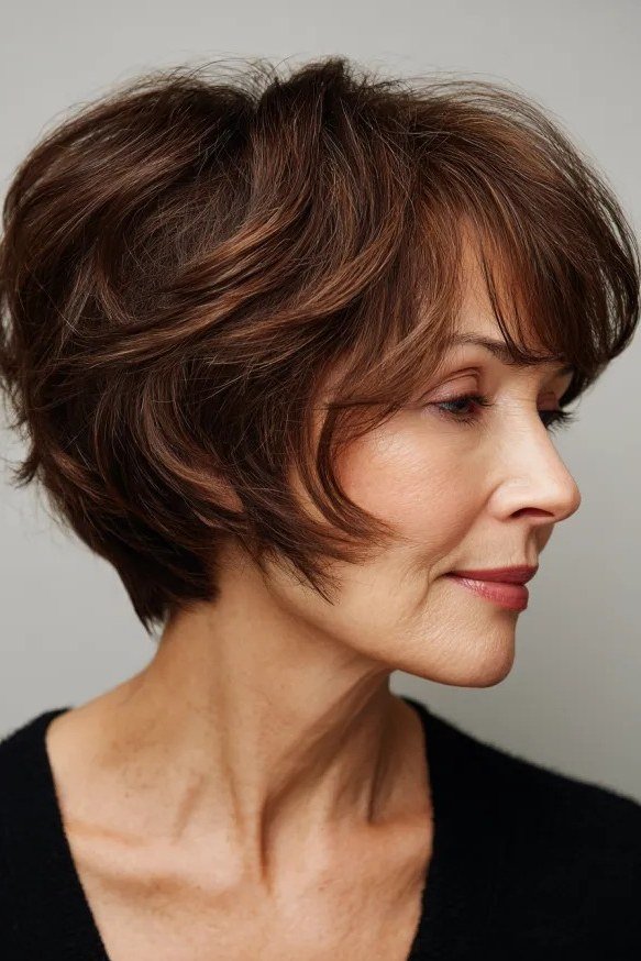 Chocolate-Brown Wedge With Bangs on a woman over 50 - flattering wedge haircut idea