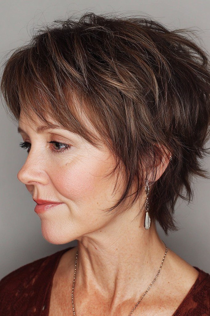 Dark Brown Shaggy Wedge on a woman over 50 - flattering wedge haircut idea
