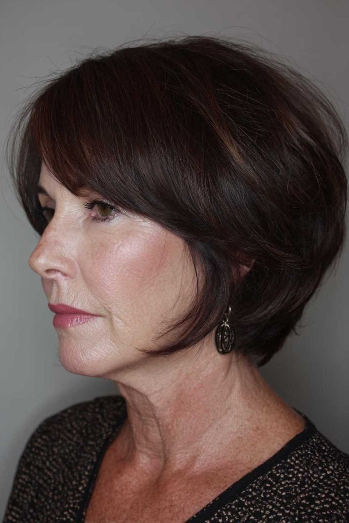 Dark Auburn Wedge Bob on a woman over 50 - flattering wedge haircut idea