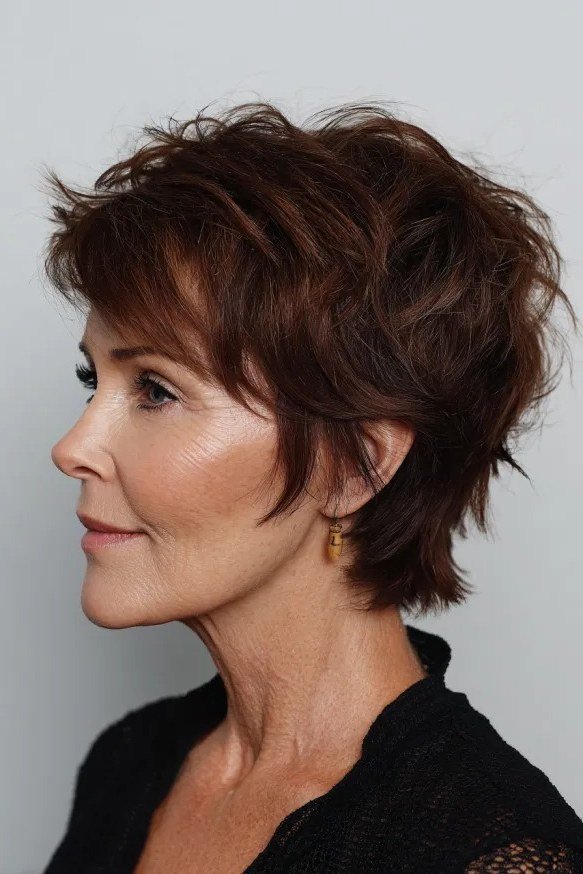 Dark Brown Shaggy Wedge on a woman over 50 - flattering wedge haircut idea