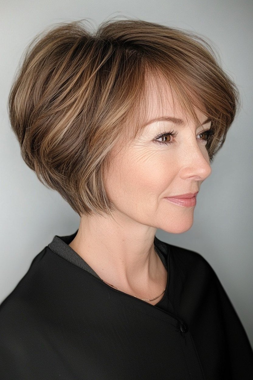 Light Brown Wedge Bob on a woman over 50 - flattering wedge haircut idea
