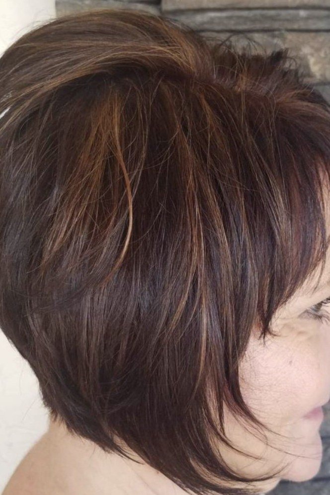 Dark Brown Wedge on a woman over 50 - flattering wedge haircut idea