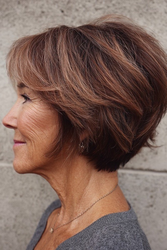 Copper-Brown Wedge on a woman over 50 - flattering wedge haircut idea
