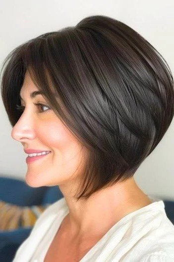 Dark Wedge Bob on a woman over 50 - flattering wedge haircut idea