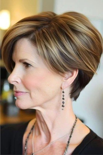 Honey-Blonde Wedge on a woman over 50 - flattering wedge haircut idea