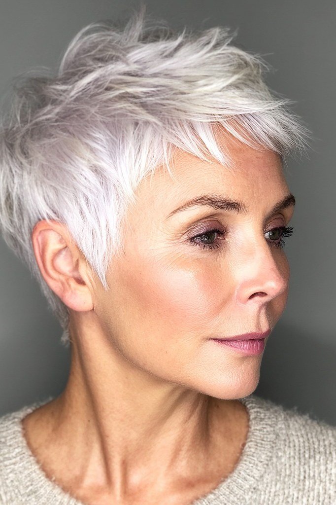 White Pixie Wedge on a woman over 50 - flattering wedge haircut idea
