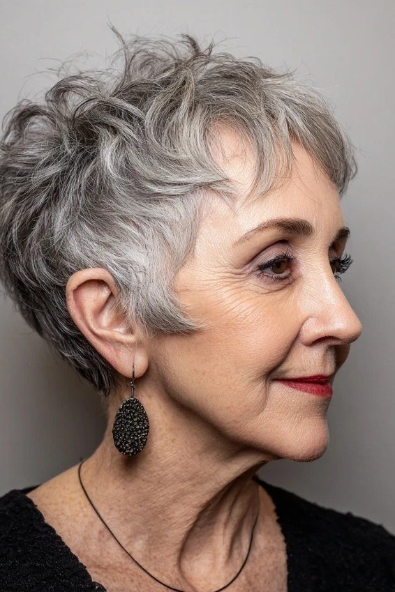 Silver Curly Pixie Wedge on a woman over 50 - flattering wedge haircut idea