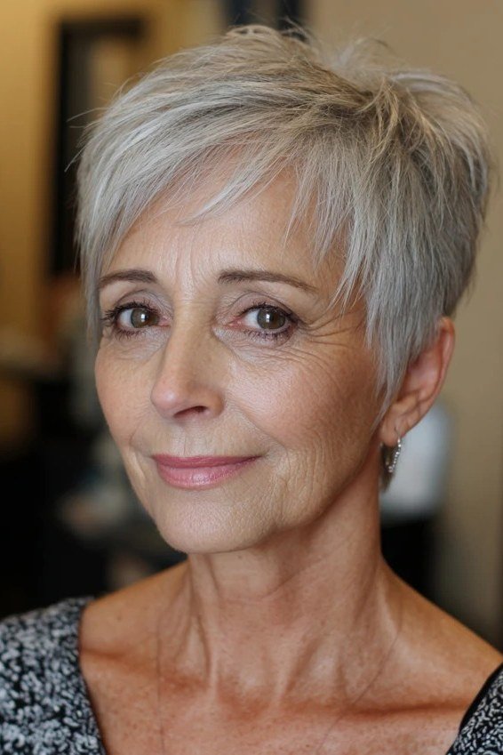 Silver Pixie Wedge on a woman over 50 - flattering wedge haircut idea