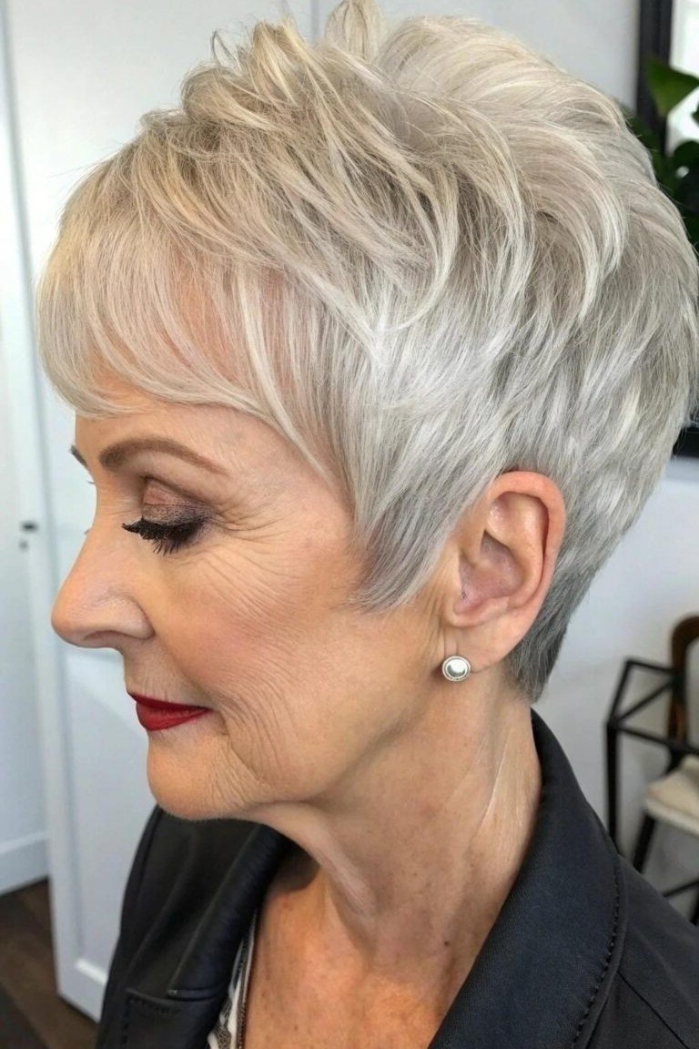 White Wedge With Bangs on a woman over 50 - flattering wedge haircut idea