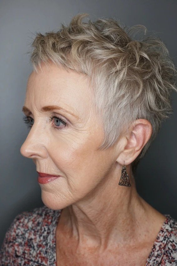 Silver Curly Pixie Wedge on a woman over 50 - flattering wedge haircut idea
