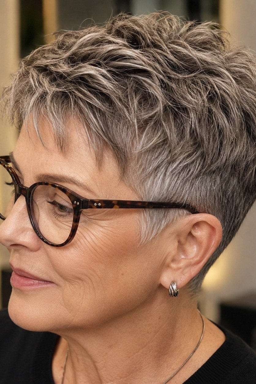 Grey Pixie Wedge With Glasses on a woman over 50 - flattering wedge haircut idea