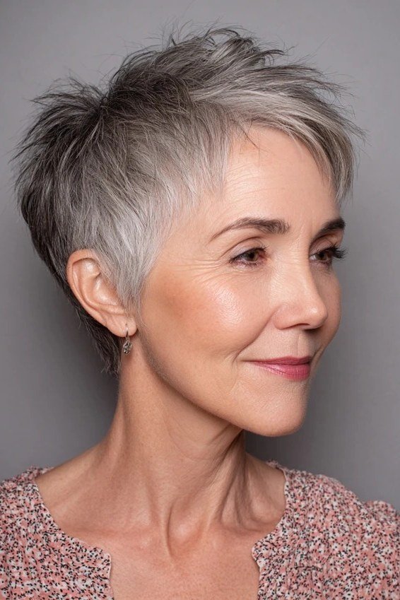 Silver Wedge Pixie on a woman over 50 - flattering wedge haircut idea