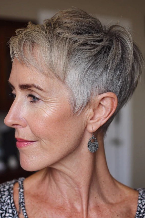 Silver Wedge Pixie on a woman over 50 - flattering wedge haircut idea