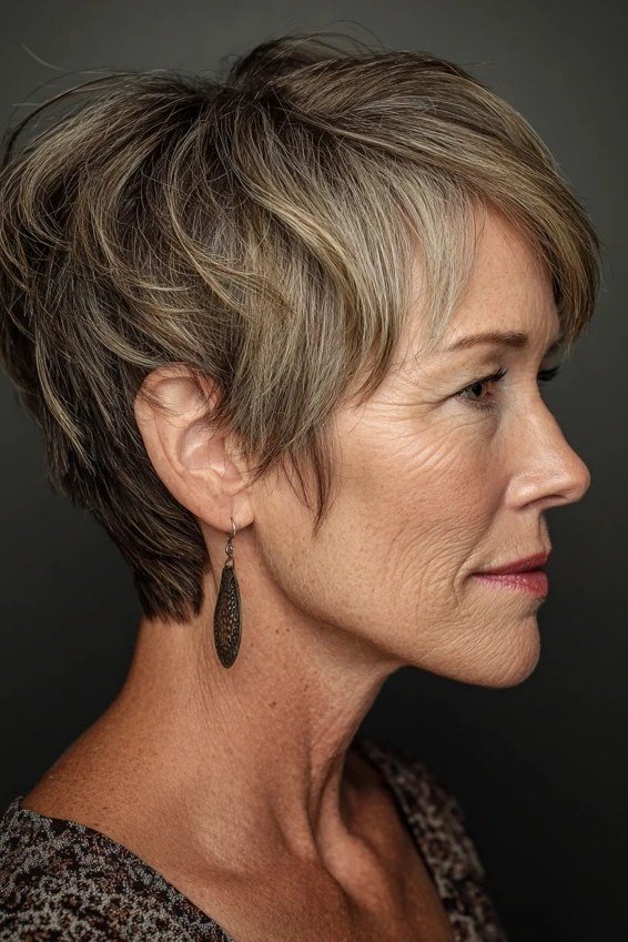 Light Brown Wedge Pixie on a woman over 50 - flattering wedge haircut idea